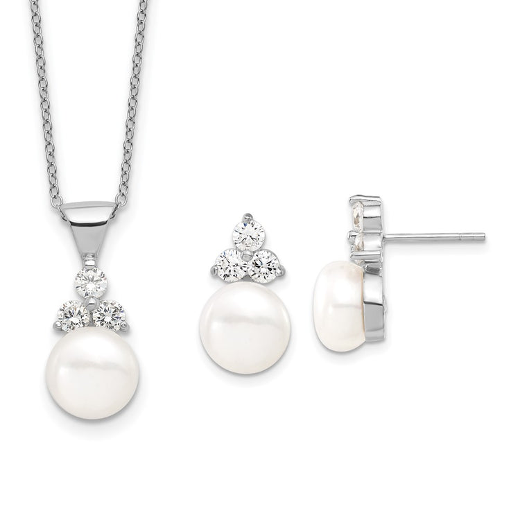 Sterling Silver Rhodium-plated 9-10mm White Button Freshwater Cultured Pearl and CZ 17 inch and Post Earrings Set