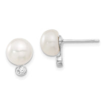 Sterling Silver Rhodium-plated 8-9mm White Button Freshwater Cultured Pearl and CZ 17 inch Necklace and Post Earrings Se