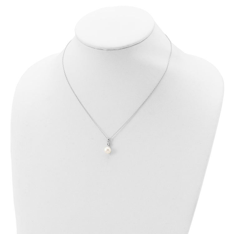 Sterling Silver Rhodium-plated 8-9mm White Button Freshwater Cultured Pearl and CZ 17 inch Necklace and Post Earrings Se