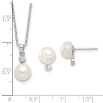 Sterling Silver Rhodium-plated 8-9mm White Button Freshwater Cultured Pearl and CZ 17 inch Necklace and Post Earrings Se
