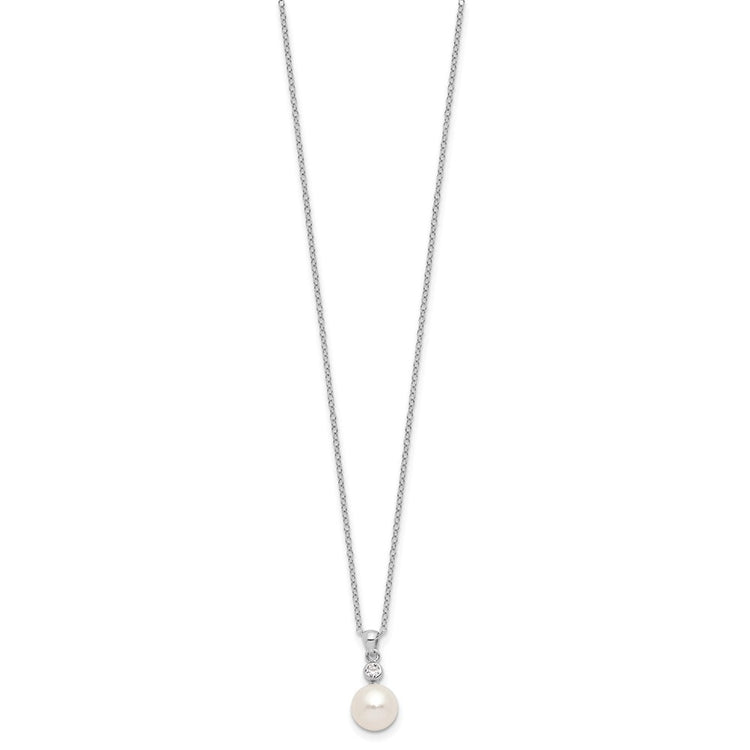Sterling Silver Rhodium-plated 8-9mm White Button Freshwater Cultured Pearl and CZ 17 inch Necklace and Post Earrings Se