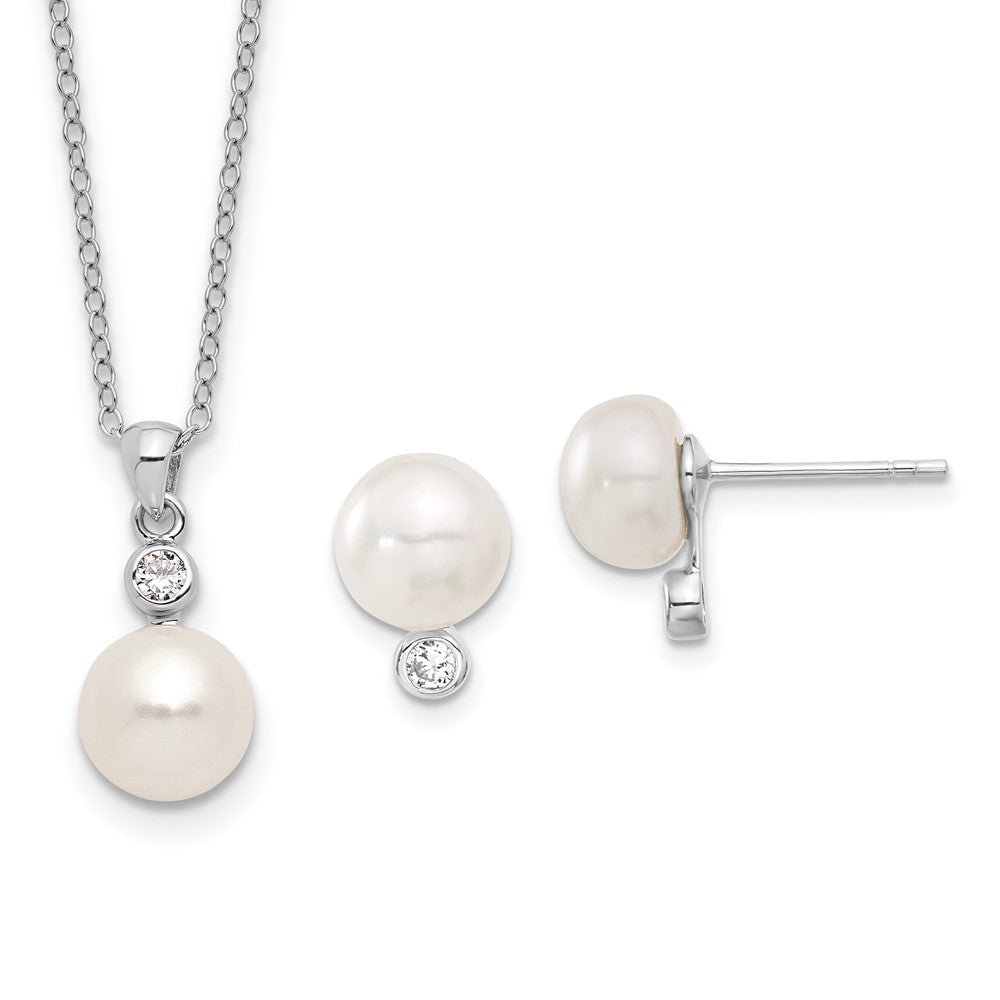 Sterling Silver Rhodium-plated 8-9mm White Button Freshwater Cultured Pearl and CZ 17 inch Necklace and Post Earrings Se