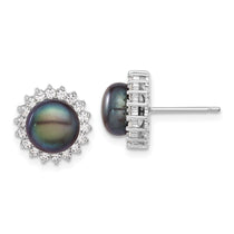 Sterling Silver Rhodium-plated 8-9mm Black Button Freshwater Cultured Pearl and CZ 17 inch Necklace and Post Earrings Se