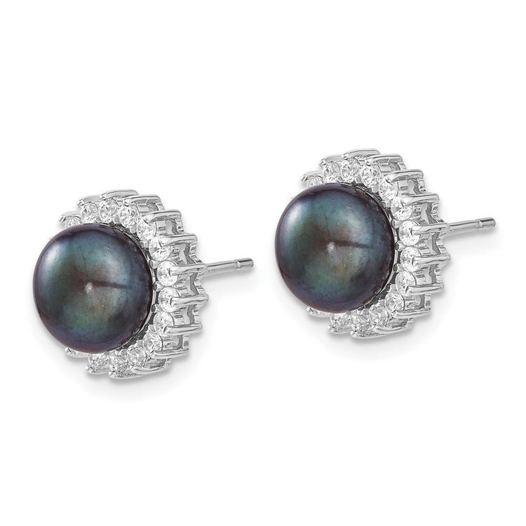 Sterling Silver Rhodium-plated 8-9mm Black Button Freshwater Cultured Pearl and CZ 17 inch Necklace and Post Earrings Se