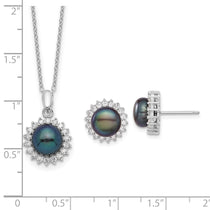 Sterling Silver Rhodium-plated 8-9mm Black Button Freshwater Cultured Pearl and CZ 17 inch Necklace and Post Earrings Se