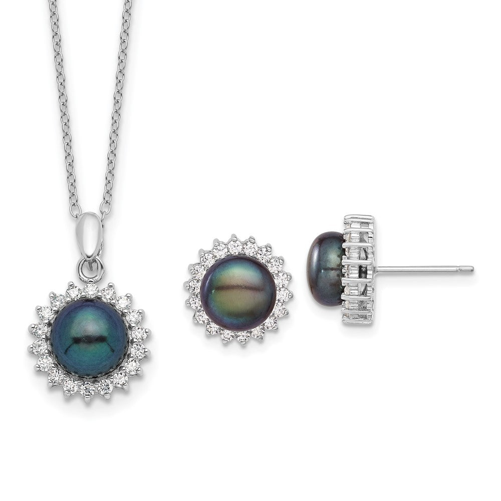 Sterling Silver Rhodium-plated 8-9mm Black Button Freshwater Cultured Pearl and CZ 17 inch Necklace and Post Earrings Se