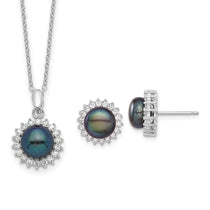 Sterling Silver Rhodium-plated 8-9mm Black Button Freshwater Cultured Pearl and CZ 17 inch Necklace and Post Earrings Se