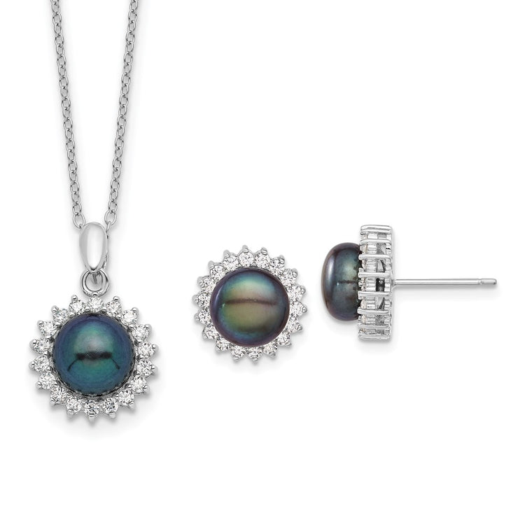 Sterling Silver Rhodium-plated 8-9mm Black Button Freshwater Cultured Pearl and CZ 17 inch Necklace and Post Earrings Se