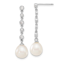 Sterling Silver Rhodium-plated 8-9mm White Teardrop Freshwater Cultured Pearl and CZ 17 inch Necklace and Post Dangle Ea