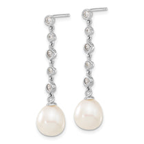 Sterling Silver Rhodium-plated 8-9mm White Teardrop Freshwater Cultured Pearl and CZ 17 inch Necklace and Post Dangle Ea