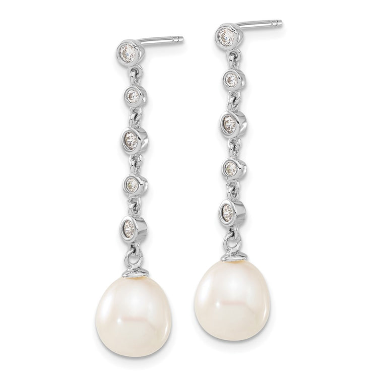Sterling Silver Rhodium-plated 8-9mm White Teardrop Freshwater Cultured Pearl and CZ 17 inch Necklace and Post Dangle Ea