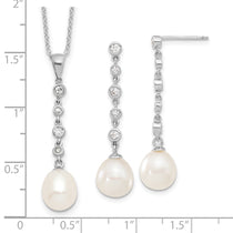 Sterling Silver Rhodium-plated 8-9mm White Teardrop Freshwater Cultured Pearl and CZ 17 inch Necklace and Post Dangle Ea