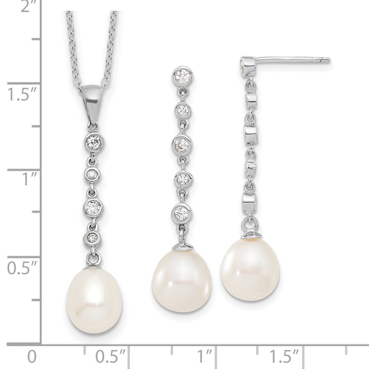 Sterling Silver Rhodium-plated 8-9mm White Teardrop Freshwater Cultured Pearl and CZ 17 inch Necklace and Post Dangle Ea