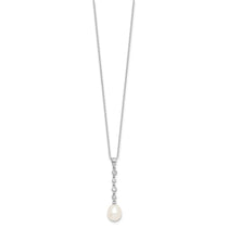 Sterling Silver Rhodium-plated 8-9mm White Teardrop Freshwater Cultured Pearl and CZ 17 inch Necklace and Post Dangle Ea