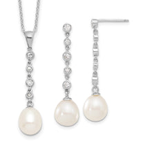 Sterling Silver Rhodium-plated 8-9mm White Teardrop Freshwater Cultured Pearl and CZ 17 inch Necklace and Post Dangle Ea
