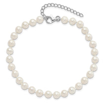 Sterling Silver Rhodium-plated 6-7mm White Near-Round Freshwater Cultured Pearl 8.5 inch with 2 inch Extension Anklet
