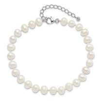 Sterling Silver Rhodium-plated 7-8mm White Near-Round Freshwater Cultured Pearl and CZ 8.5 with 2 inch Extension Anklet