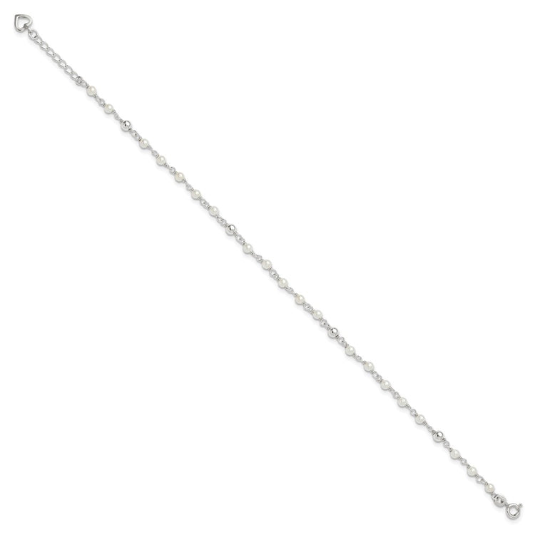 Sterling Silver Freshwater Cultured Pearl and Heart 9 inch Plus 1 inch Extender  - Total 10 inch Anklet