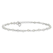 Sterling Silver Freshwater Cultured Pearl and Heart 9 inch Plus 1 inch Extender  - Total 10 inch Anklet