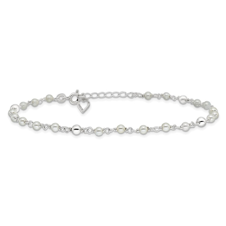 Sterling Silver Freshwater Cultured Pearl and Heart 9 inch Plus 1 inch Extender  - Total 10 inch Anklet