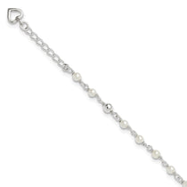 Sterling Silver Freshwater Cultured Pearl and Heart 9 inch Plus 1 inch Extender  - Total 10 inch Anklet