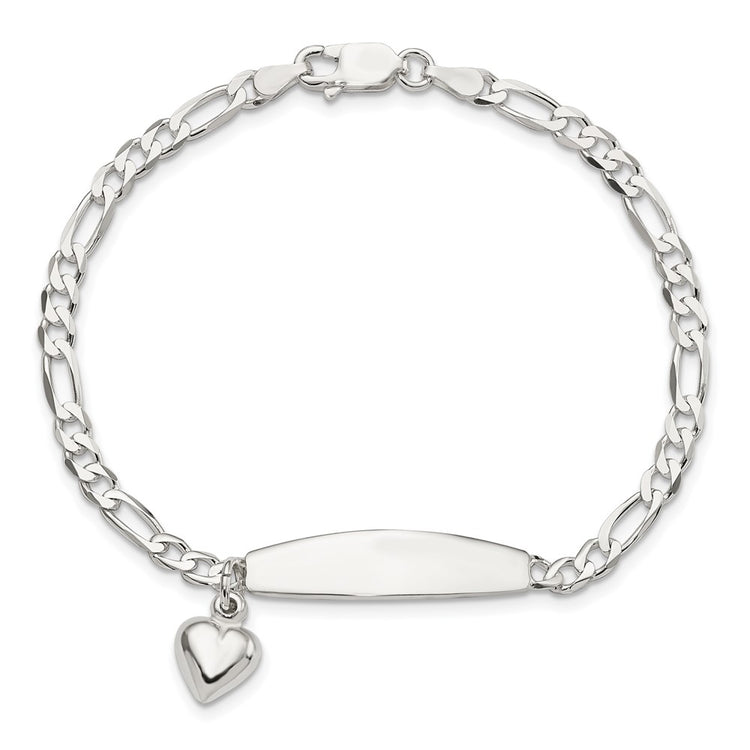 Sterling Silver Polished Figaro ID Heart Dangle Bracelet