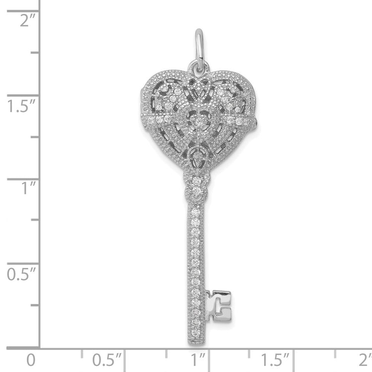 Sterling Silver Rhodium-plated CZ Heart Key Locket
