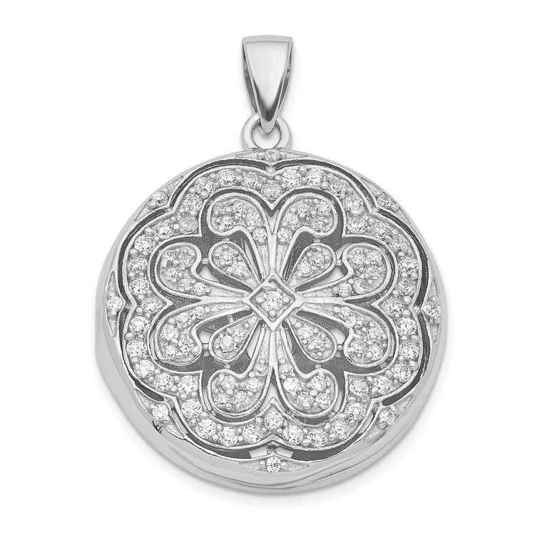Sterling Silver Rhodium-Plated 24.3MM CZ Fancy Design Heart Locket Pendant Womens