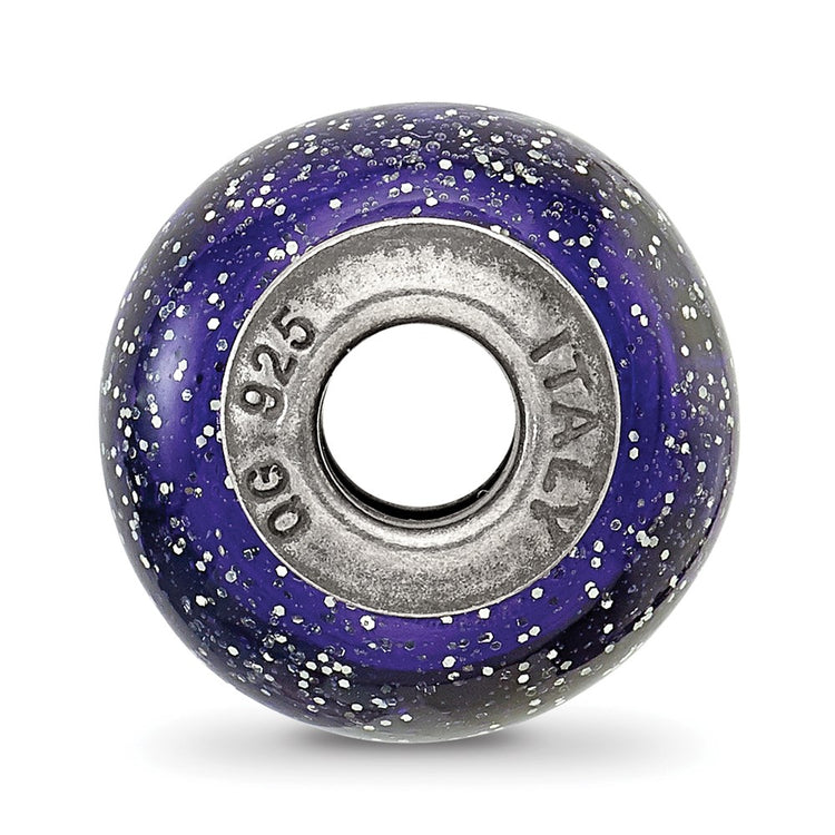 Sterling Silver Reflections Dark Blue w/Silver Glitter Italian Murano Bead