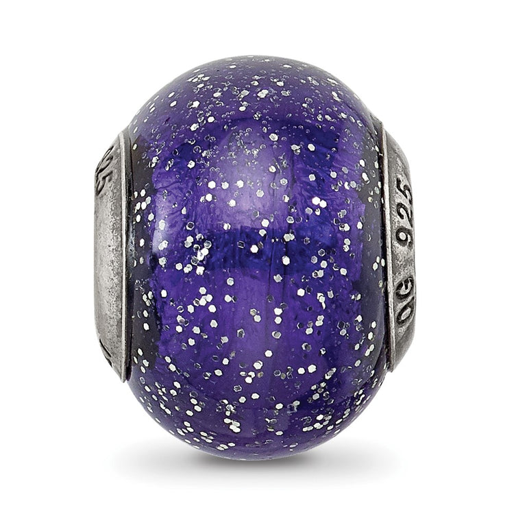 Sterling Silver Reflections Dark Blue w/Silver Glitter Italian Murano Bead