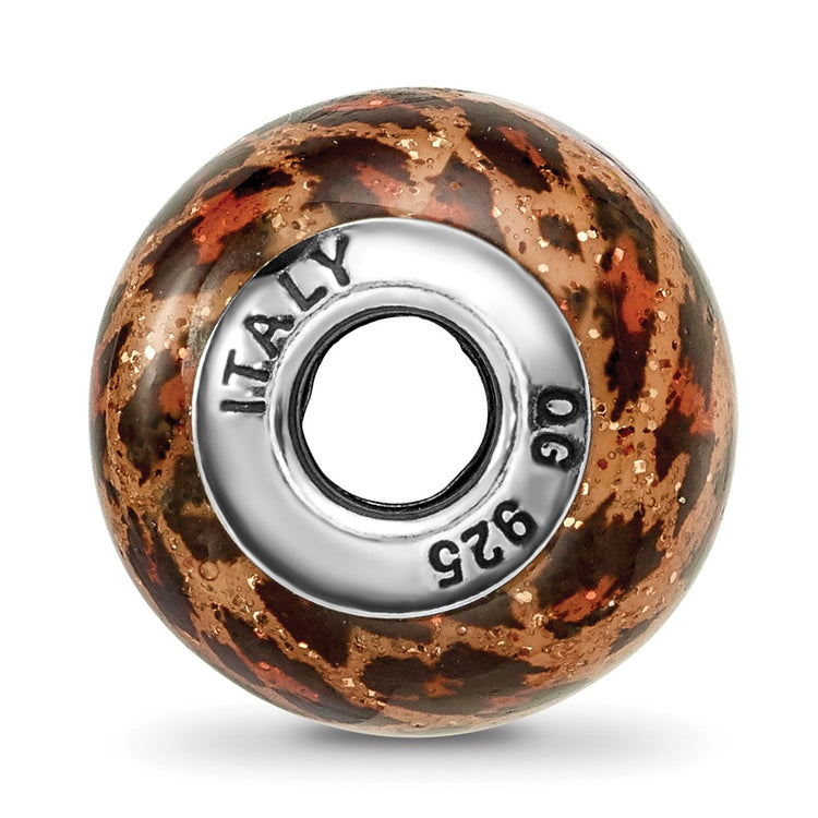 Sterling Silver Reflections Brown Jaguar Glitter Overlay Glass Bead
