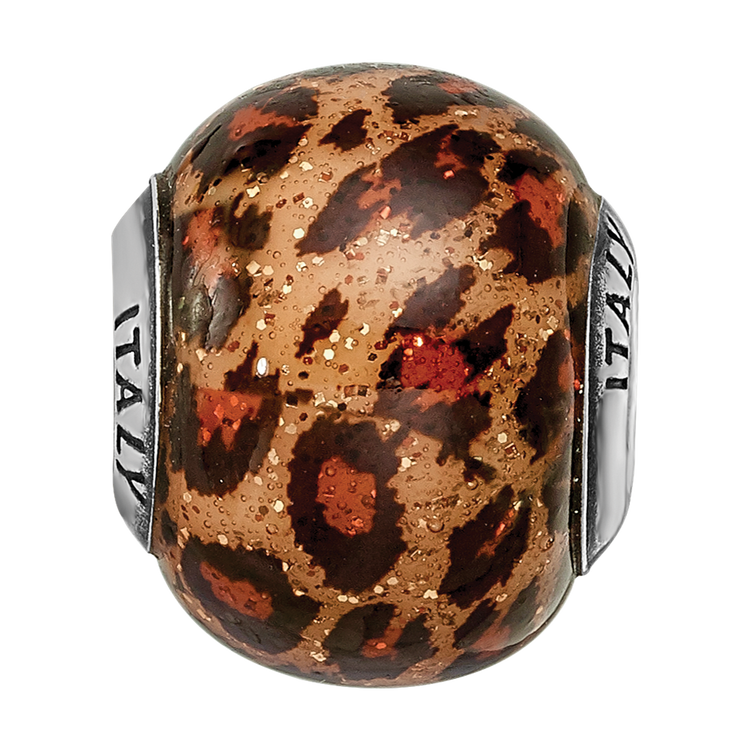 Sterling Silver Reflections Brown Jaguar Glitter Overlay Glass Bead