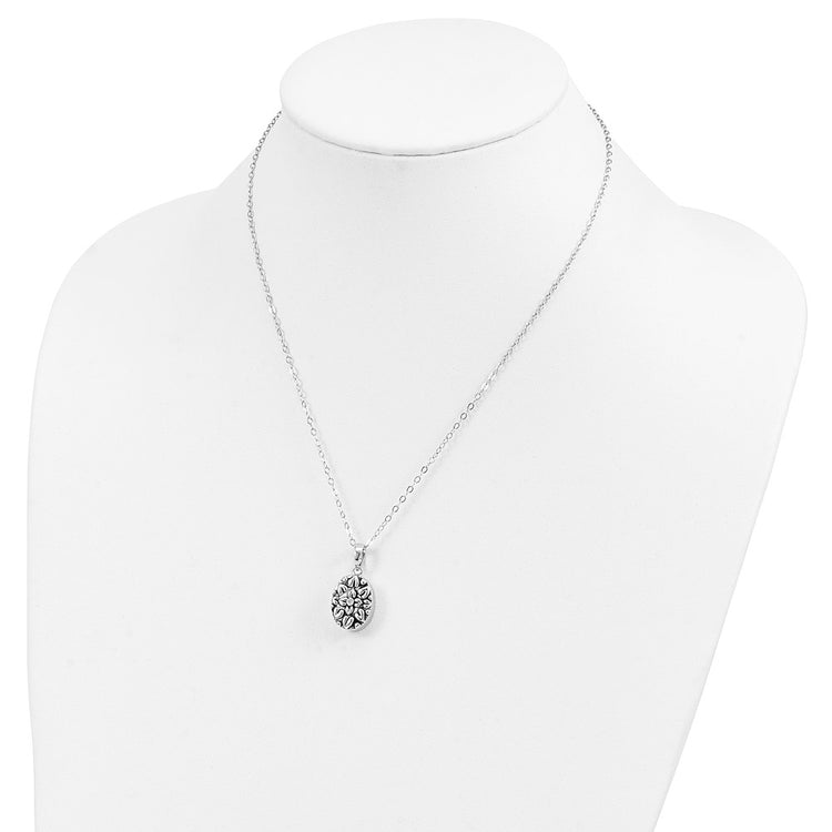 Sentimental Expressions Sterling Silver Rhodium-plated CZ Antiqued Flower Ash Holder 18 Inch Necklace