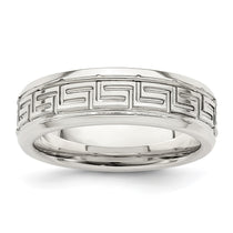 Sterling Silver 6mm Polished Flat Greek Key Design Beveled Edge Fancy Band