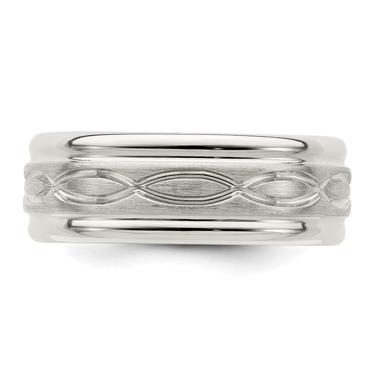 Sterling Silver 7mm Brushed Flat Intertwined Design Beveled Edge Fancy Band
