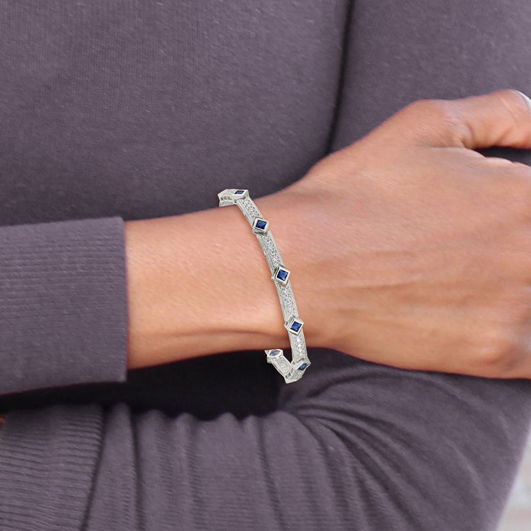 Sterling Silver Rhodium-plated Blue Glass and CZ 7.75 inch Bracelet