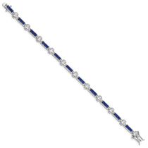 Sterling Silver Rhodium-plated Blue Glass and CZ 7.5 inch Bracelet