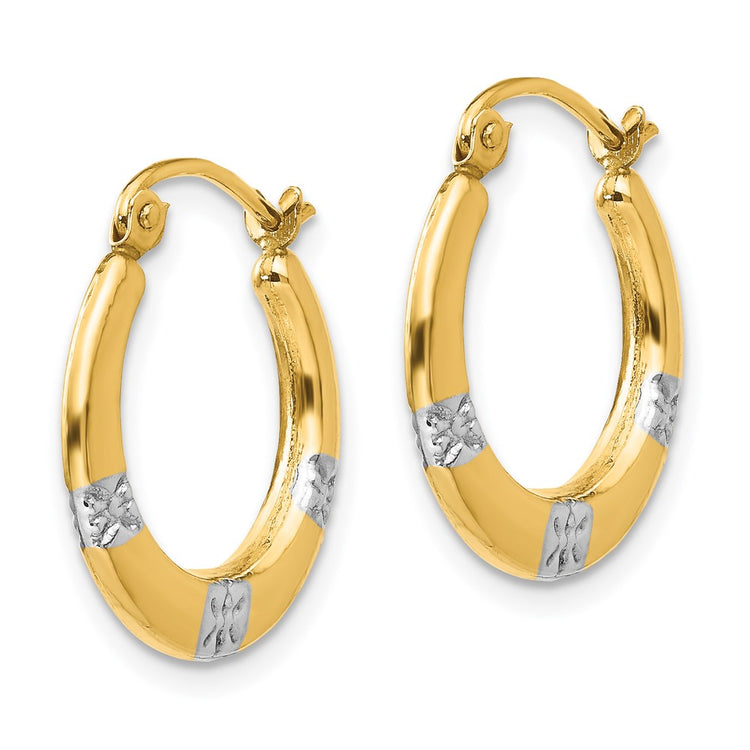 14K and White Rhodium Madi K 3x17mm Diamond-cut Flowers Hollow Hoop Earrings