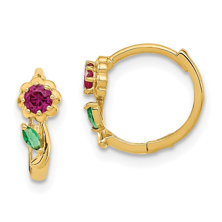 14k Madi K Red and Green CZ Childrens Hinged Hoop Earrings