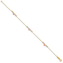 14K Tri-Color Puffed Heart 3-Station 7.25 inch Bracelet