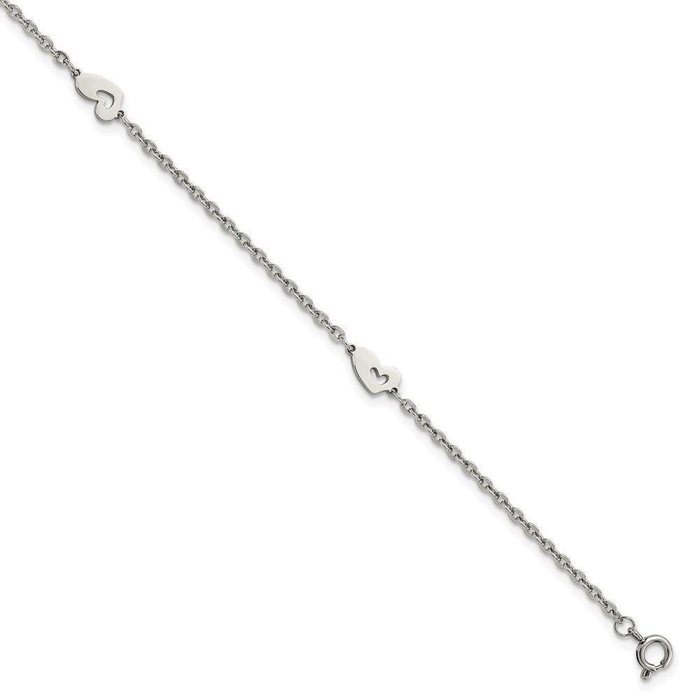 Chisel Stainless Steel Polished Hearts 9 inch Anklet Plus 1 inch Extension