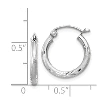 14k White Gold 2x15mm Satin Diamond-cut Round Tube Hoop Earrings