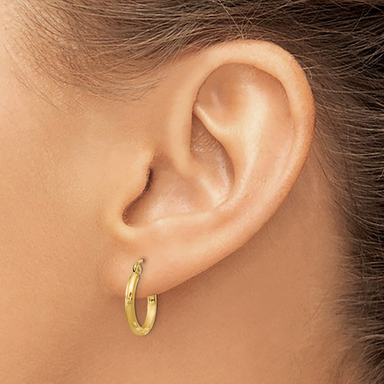 14k 2x15mm Satin Diamond-cut Round Tube Hoop Earrings