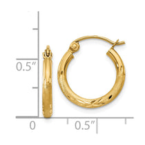 14k 2x15mm Satin Diamond-cut Round Tube Hoop Earrings