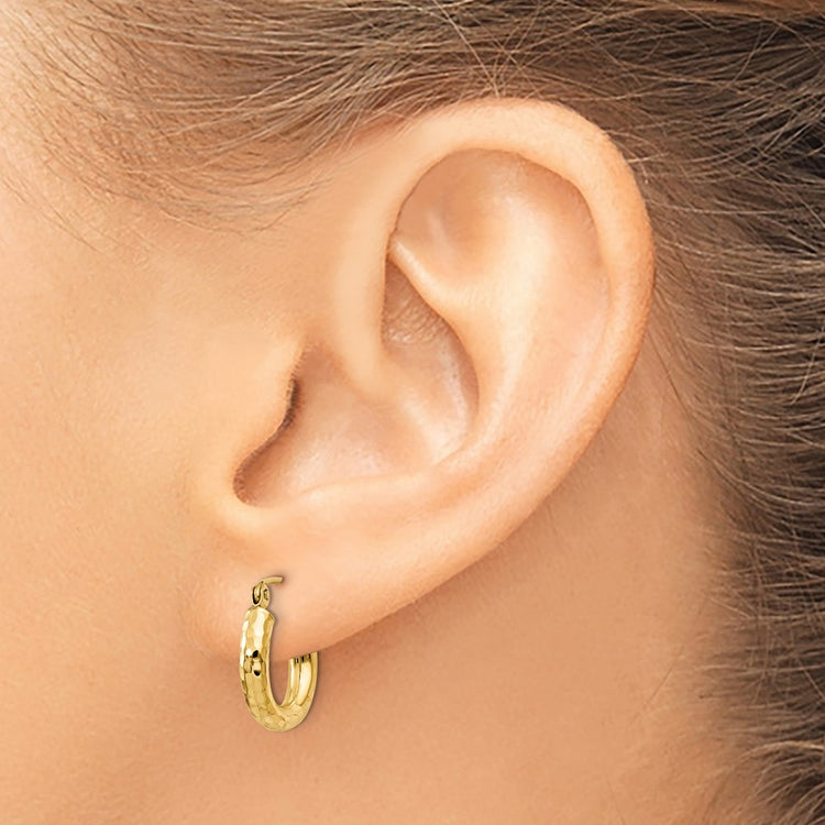 14k 3x14mm Diamond-cut Round Tube Hoop Earrings