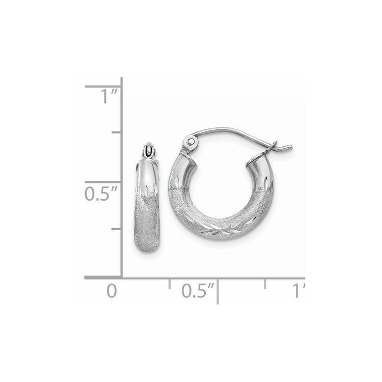 14k White Gold 3x13mm Satin Diamond-cut Round Tube Hoop Earrings