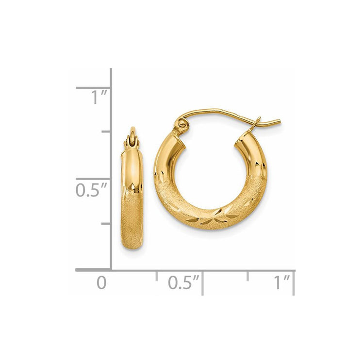 14k 3x16mm Satin Diamond-cut Round Tube Hoop Earrings
