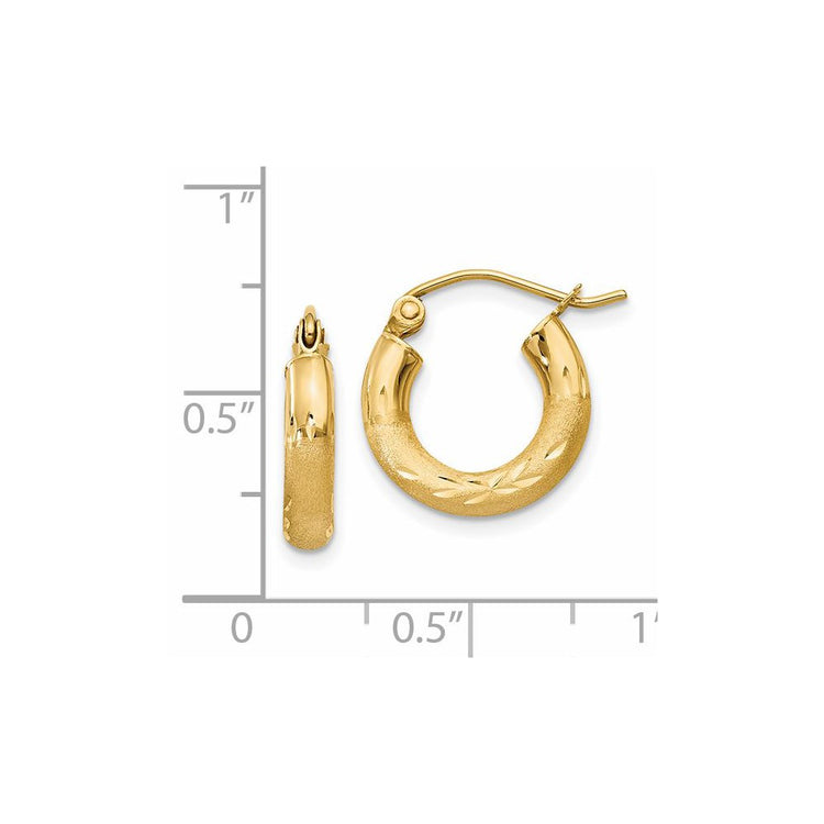 14k 3x14mm Satin Diamond-cut Round Tube Hoop Earrings