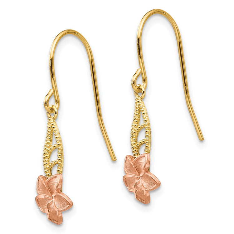 14K Two-tone Fancy Plumeria Dangle French Wire Earrings