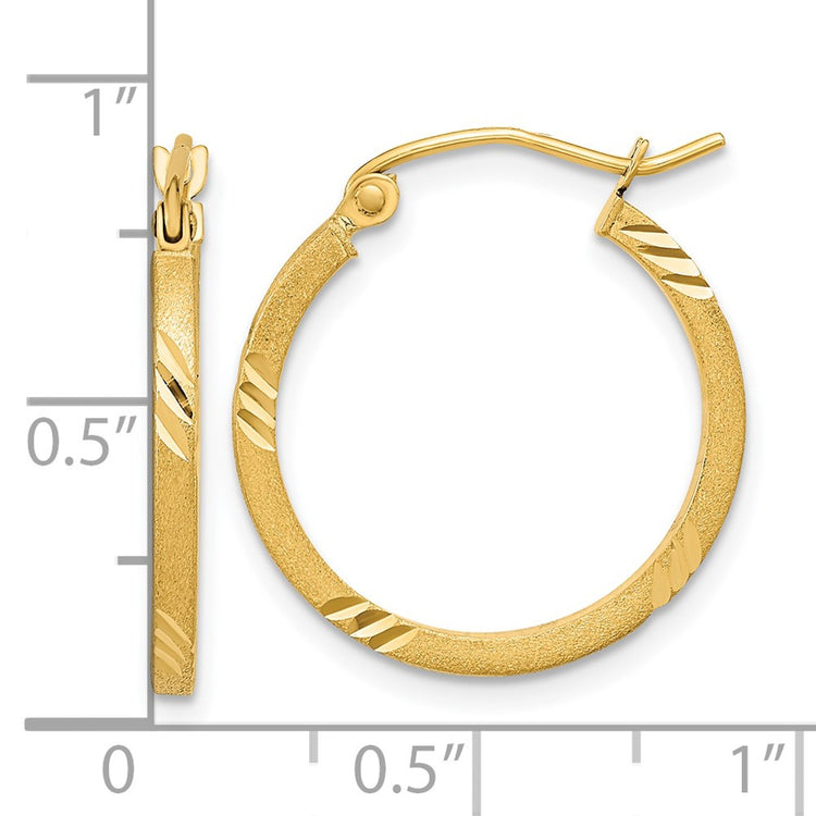 14k 1.75x21mm Satin Diamond-cut Square Tube Hoop Earrings
